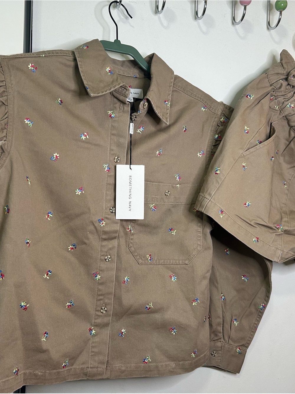 Something Navy Women khaki Embroidered Button-Up Shirt and shorts set